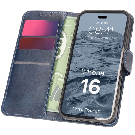 Etui z klapką Bizon Case Pocket do iPhone 16, granatowe