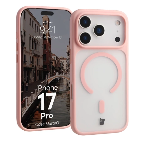 Etui z pierścieniem magnetycznym Bizon Case MatteO do iPhone 17 Pro, przydymione-jasnoróżowe