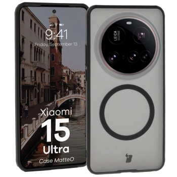 Etui z pierścieniem magnetycznym Bizon Case MatteO do Xiaomi 15 Ultra, przydymione-czarne