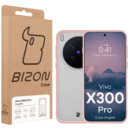 Etui Bizon Case Angelo do Vivo X300 Pro, półprzezroczyste z jasnoróżową ramką