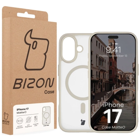 Etui z pierścieniem magnetycznym Bizon Case MatteO do iPhone 17, przydymione-beżowe