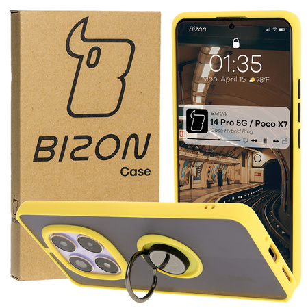 Etui z uchwytem na palec Bizon Case Hybrid Ring do Xiaomi Redmi Note 14 Pro 5G / Poco X7, przydymione z żółtą ramką