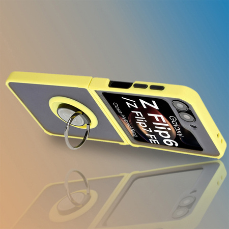 Etui z uchwytem na palec Bizon Case Hybrid Ring do Galaxy Z Flip7 FE / Z Flip6, przydymione z żółtą ramką