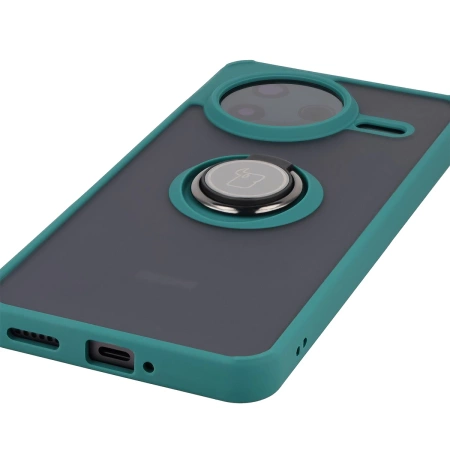 Etui z uchwytem na palec Bizon Case Hybrid Ring do Xiaomi POCO F7 Pro, przydymione z ciemnozieloną ramką