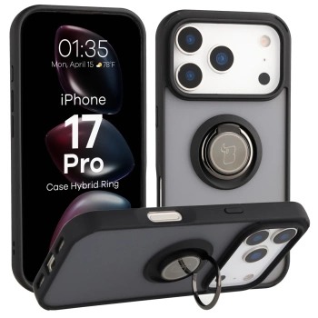 Etui z uchwytem na palec Bizon Case Hybrid Ring do iPhone 17 Pro, przydymione z czarną ramką