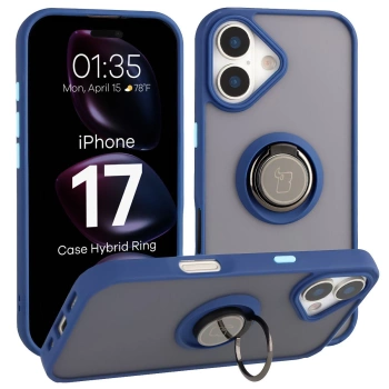 Etui z uchwytem na palec Bizon Case Hybrid Ring do iPhone 17, przydymione z granatową ramką