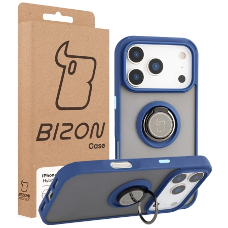 Etui z uchwytem na palec Bizon Case Hybrid Ring do iPhone 17 Pro, przydymione z granatową ramką