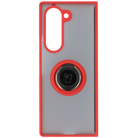 Etui z uchwytem na palec Bizon Case Hybrid Ring do Galaxy Z Fold6, przydymione z czerwoną ramką