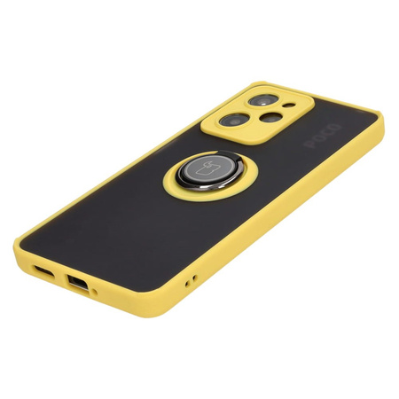 Etui z uchwytem na palec Bizon Case Hybrid Ring do Xiaomi Poco X5 Pro, przydymione z żółtą ramką