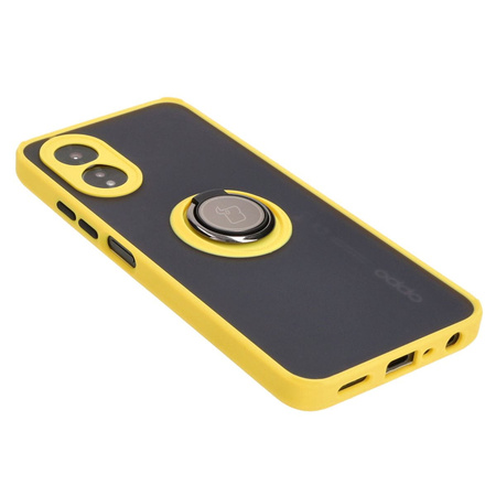 Etui z uchwytem na palec Bizon Case Hybrid Ring do Oppo A38 4G, przydymione z żółtą ramką