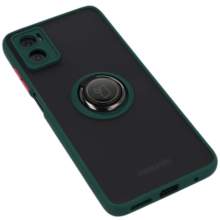 Etui z uchwytem na palec Bizon Case Hybrid Ring do Motorola Moto E22 / E22i, przydymione z ciemnozieloną ramką