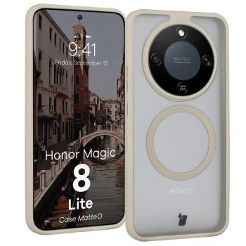 Etui z pierścieniem magnetycznym Bizon Case MatteO do Honor Magic8 Lite, przydymione-beżowe