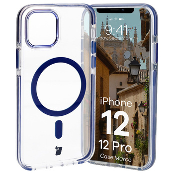 Etui z pierścieniem magnetycznym Bizon Case Marco do iPhone 12 Pro / 12, przezroczyste z niebieską ramką