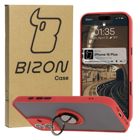 Etui z uchwytem na palec Bizon Case Hybrid Ring do iPhone 16 Plus, przydymione z czerwoną ramką