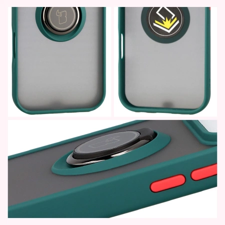 Etui z uchwytem na palec Bizon Case Hybrid Ring do iPhone 17 Pro, przydymione z ciemnozieloną ramką