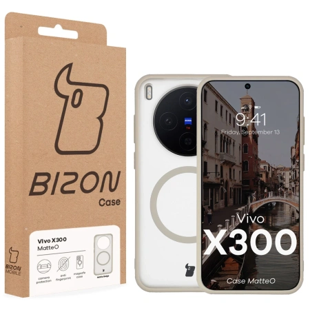 Etui z pierścieniem magnetycznym Bizon Case MatteO do Vivo X300, przydymione-beżowe