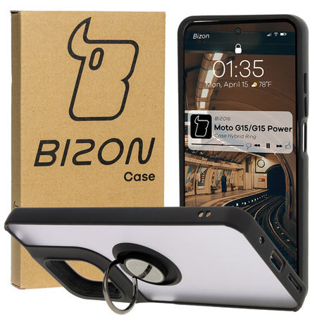 Etui z uchwytem na palec Bizon Case Hybrid Ring do Motorola Moto G15 / G15 Power, przydymione z czarną ramką