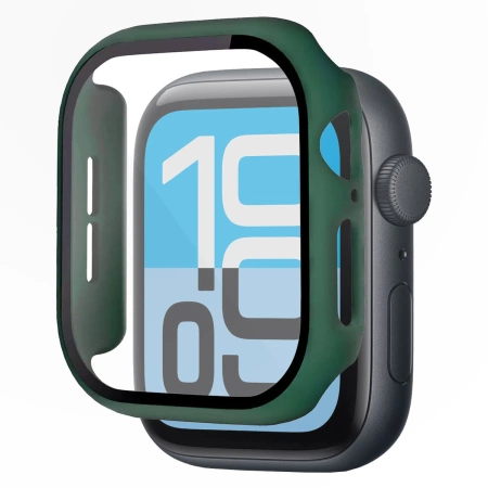 Etui ze szkłem do zegarka Bizon Case+Glass Watch do Apple Watch SE 3 / SE 2 / SE / 6 / 5 / 4 (44 mm), matowe ciemnozielone