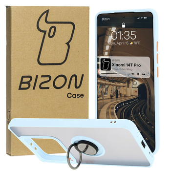Etui z uchwytem na palec Bizon Case Hybrid Ring do Xiaomi 14T Pro, przydymione z jasnoniebieską ramką