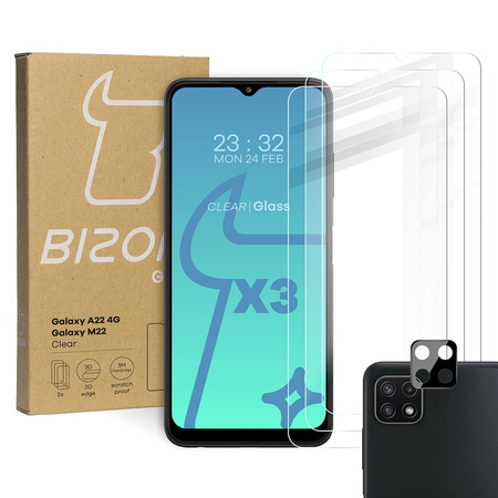 Szkło hartowane Bizon Glass Clear - 3 szt. + obiektyw, Galaxy A22 4G / M22