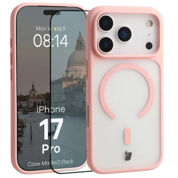 Etui z pierścieniem magnetycznym + szkło hartowane Bizon MatteO Pack do iPhone 17 Pro, przydymione-jasnoróżowe