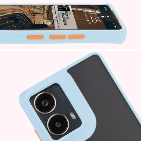 Etui z uchwytem na palec Bizon Case Hybrid Ring do Motorola Moto G85 5G, przydymione z jasnoniebieską ramką