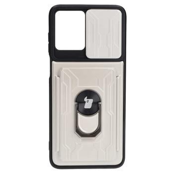 Etui Bizon Case Camshield Card Slot Ring do Motorola Moto G13 / G23 / G53 5G, białe