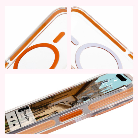 Etui z pierścieniem magnetycznym Bizon Case Marco do iPhone 15 Pro, przezroczyste z pomarańczową ramką