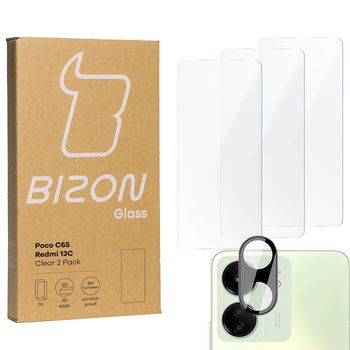 3x Szkło + szybka na aparat BIZON Clear 2 Pack do Redmi 13C/Poco C65