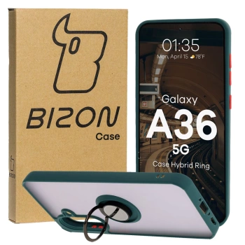 Etui z uchwytem na palec Bizon Case Hybrid Ring do Galaxy A36 5G, przydymione z ciemnozieloną ramką