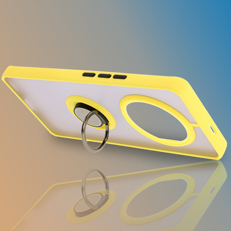 Etui z uchwytem na palec Bizon Case Hybrid Ring do Honor Magic7 Lite, przydymione z żółtą ramką
