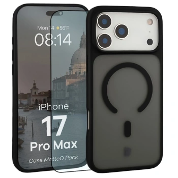 Etui z pierścieniem magnetycznym + szkło hartowane Bizon MatteO Pack do iPhone 17 Pro Max, przydymione-czarne