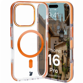 Etui z pierścieniem magnetycznym Bizon Case Marco do iPhone 16 Pro, przezroczyste z pomarańczową ramką