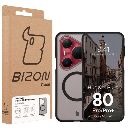 Etui z pierścieniem magnetycznym Bizon Case MatteO do Huawei Pura 80 Pro / Pro Plus, przydymione-czarne
