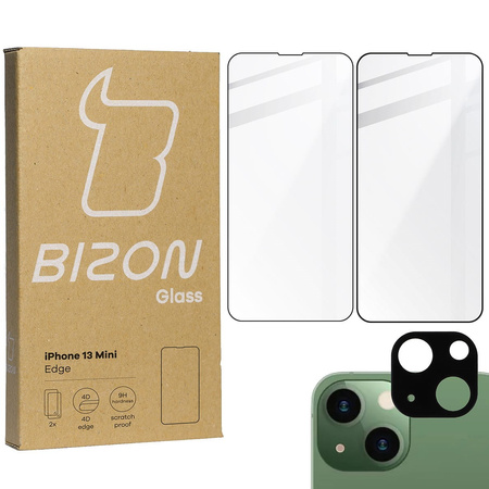 Szkło hartowane Bizon Glass Edge - 2 sztuki + ochrona na obiektyw, iPhone 13 Mini, czarne
