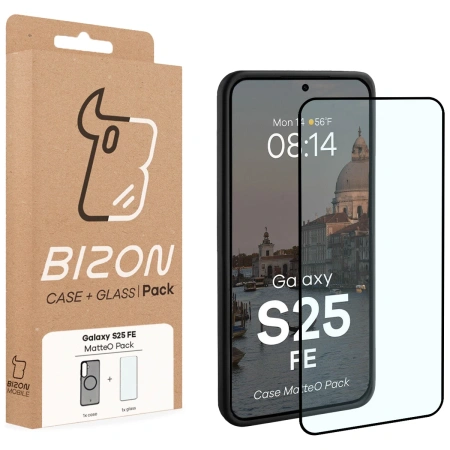 Etui z pierścieniem magnetycznym + szkło hartowane Bizon MatteO Pack do Galaxy S25 FE, przydymione-czarne
