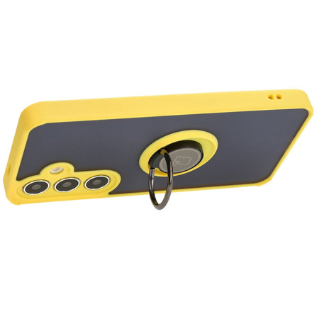 Etui z uchwytem na palec Bizon Case Hybrid Ring do Galaxy S25 / S24, przydymione z żółtą ramką