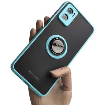 Etui z uchwytem na palec Bizon Case Hybrid Ring do Motorola Moto E22 / E22i, przydymione z jasnoniebieską ramką