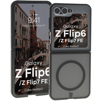 Etui z pierścieniem magnetycznym Bizon Case MatteO do Galaxy Z Flip7 FE / Z Flip6, półprzezroczyste z czarną ramką