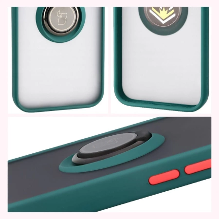 Etui z uchwytem na palec Bizon Case Hybrid Ring do iPhone 16e, przydymione z ciemnozieloną ramką