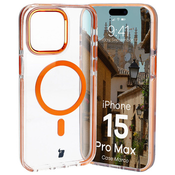 Etui z pierścieniem magnetycznym Bizon Case Marco do iPhone 15 Pro Max, przezroczyste z pomarańczową ramką