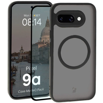 Etui z pierścieniem magnetycznym + szkło hartowane Bizon MatteO Pack do Google Pixel 9a, przydymione-czarne