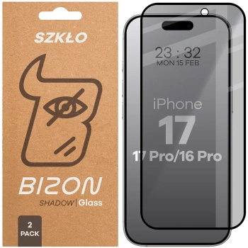 Prywatyzujące szkło hartowane Bizon Glass Edge Shadow Duo do iPhone 17 / 17 Pro / 16 Pro, przyciemniane z czarną ramką, 2 sztuki