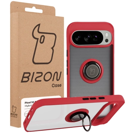 Etui z uchwytem na palec Bizon Case Hybrid Ring do Google Pixel 10 Pro XL, przydymione z czerwoną ramką