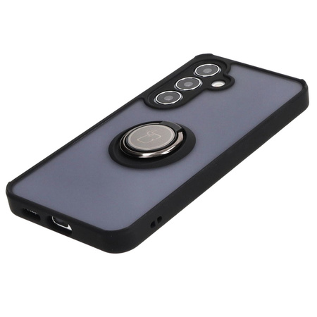 Etui z uchwytem na palec Bizon Case Hybrid Ring do Galaxy S25 / S24, przydymione z czarną ramką
