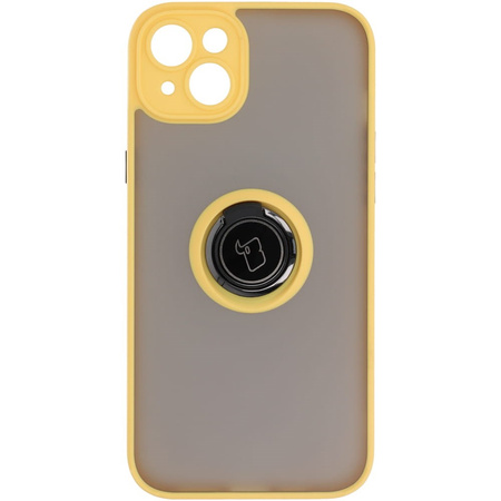 Etui z uchwytem na palec Bizon Case Hybrid Ring do iPhone 14 Plus, przydymione z żółtą ramką