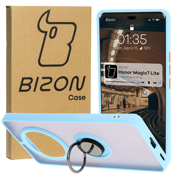 Etui z uchwytem na palec Bizon Case Hybrid Ring do Honor Magic7 Lite, przydymione z jasnoniebieską ramką