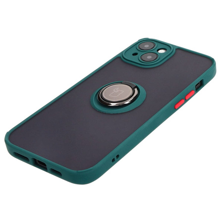 Etui z uchwytem na palec Bizon Case Hybrid Ring do iPhone 15 Plus, przydymione z ciemnozieloną ramką
