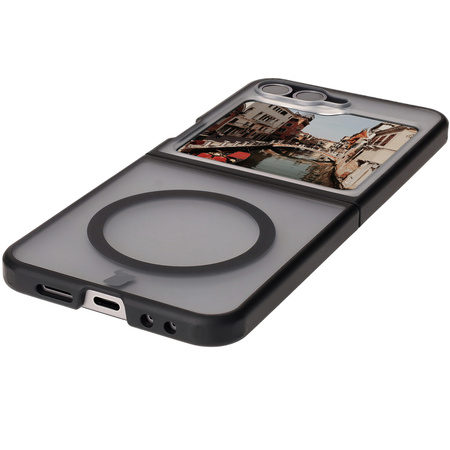 Etui z pierścieniem magnetycznym Bizon Case MatteO do Galaxy Z Flip7 FE / Z Flip6, półprzezroczyste z czarną ramką