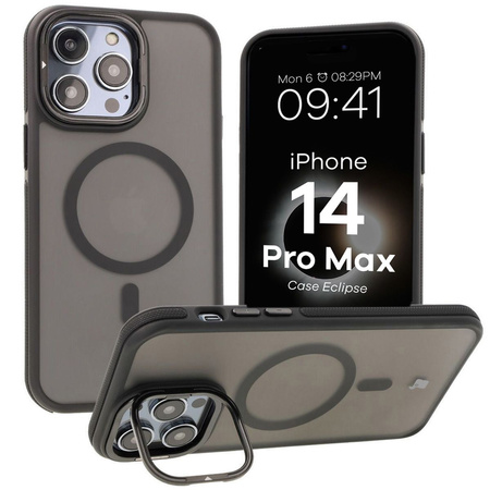 Etui z podstawką i pierścieniem magnetycznym Bizon Case Eclipse do iPhone 14 Pro Max, przydymione z czarną ramką
